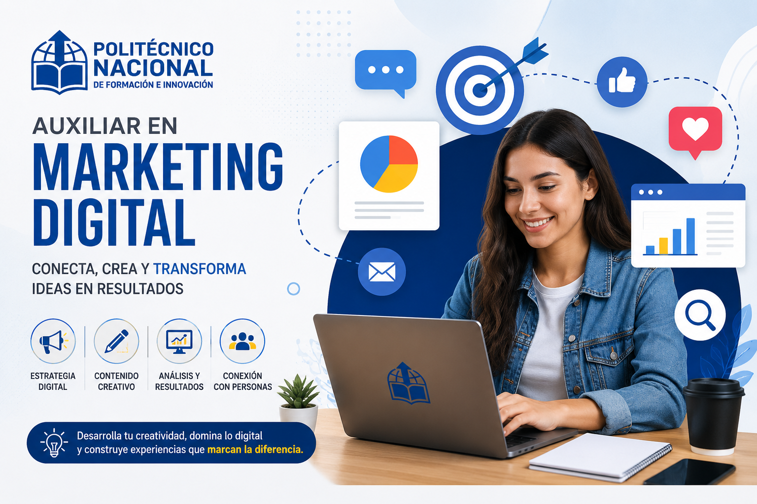 En este curso exploraremos el universo del Marketing y el Diseño Digital, aprendiendo a combinar creatividad, estrategia y herramientas digitales para construir contenidos que conecten con las personas y generen valor.